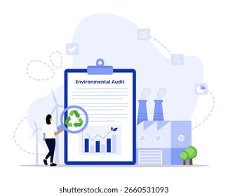 Ilustración del concepto de auditoría ambiental. Conveniente para la página de aterrizaje, ui, Web, tarjeta de introducción del App, editorial, volante, y Anuncio.