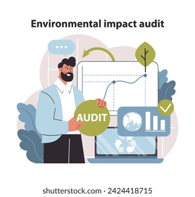 Environmental audit process illustration. Expert conducting a thorough review of eco-impact data. Ensuring sustainable practices are in place. Flat vector illustration.