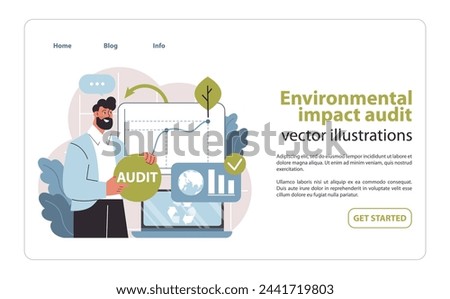 Environmental audit web or landing. Expert conducting a thorough review of eco-impact data. Ensuring sustainable practices are in place. Flat vector illustration.