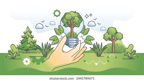 Environmental awareness or effective power consumption hands outline concept. Green energy usage for LED lighting and ecological electricity from sustainable or alternative source vector illustration