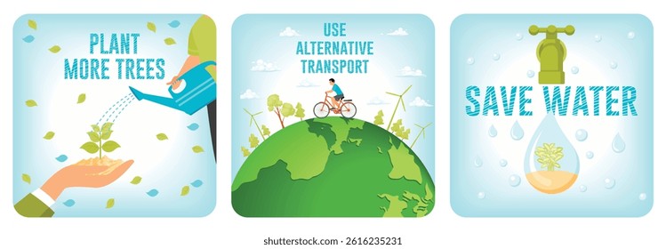 Environmental awareness featuring a  a tree plant,  environmentally friendly transportation. Water conservation. Environmental protection concept. Set flat vector illustration 