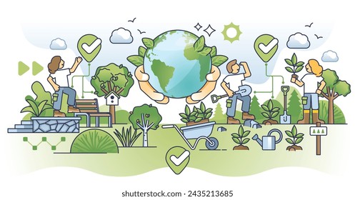 Environmental awareness and forest conservation with plants outline concept. Nature friendly living and ecological volunteering vector illustration. Sustainability care with responsible society.