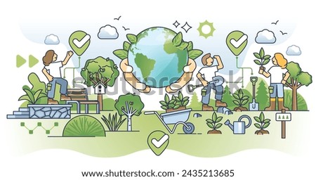 Environmental awareness and forest conservation with plants outline concept. Nature friendly living and ecological volunteering vector illustration. Sustainability care with responsible society.