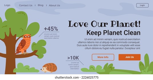 Environmental awareness and help to nature. Love our planet, keep it clean. Information about flora and fauna, species and plants. Website landing page template, internet site. Vector in flat style