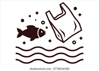 Environmental awareness illustration showing plastic pollution harming marine life with fish swimming near discarded plastic bag in ocean water