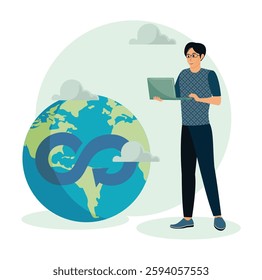 Environmental Awareness. Person using laptop with Earth-themed symbols, representing environmental awareness and technological solutions for sustainability. Flat vector modern illustration 