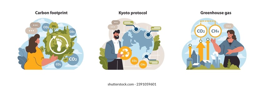 Environmental awareness set. Woman showcasing carbon footprint, man explaining greenhouse gases, and a professional discussing the Kyoto protocol. Global efforts. Flat vector illustration.