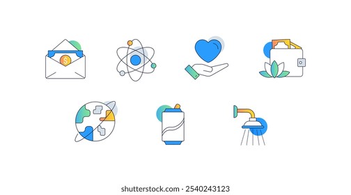 Environmental Awareness and Sustainability. Icons Included: Battery with Leaf, Folder with Plant, Globe with Orbit, Showerhead with Water Droplets, Atom Symbol