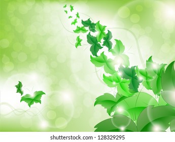 Environmental Background with green leaf butterflies on a light green background with bokeh lights.