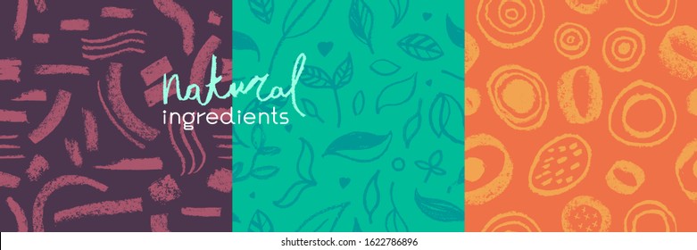 Environmental background. Natural hand-drawn organic food label, eco banner, healthy food concept, herbal seamless ornament, leaf pattern. Eco texture for green thinking — Spring. Modern agriculture.