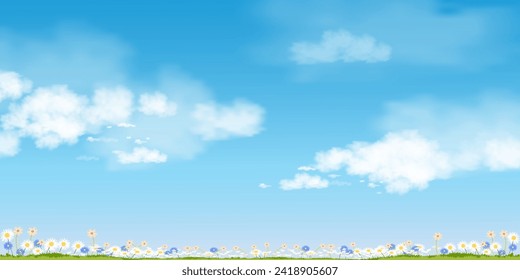 Environmental background,Sky blue,could over spring landscape with wide flower in park,Vector village scene grass meadow in sunny day summer,Nature Farm lawn field with clear sky