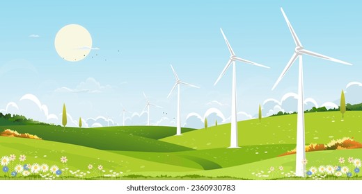 Environmental Background,Spring landscape green field with windmill on mountain,blue sky,cloud,Vector Rural with Solar panel wind turbines installed as renewable station energy sources for electricity