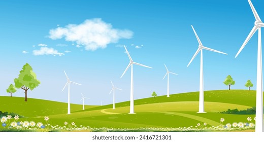 Environmental Background,Spring landscape green field with windmill on mountain,blue sky,cloud,Vector Rural with Solar panel wind turbines installed as renewable station energy sources for electricity