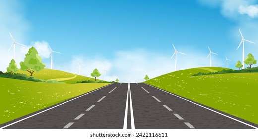 Environmental Background,Spring landscape green field with windmill on mountain,blue sky,cloud with Asphalt highway through countryside,Vector Rural with wind turbines installed as renewable station 
