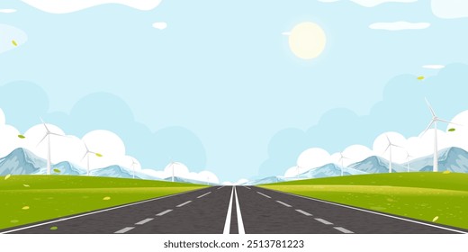 Environmental Background,Spring landscape green field with windmill on mountain,blue sky,cloud with Asphalt highway through countryside,Vector Rural with wind turbines installed as renewable station 