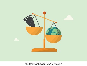 Umweltbilanz Carbon Footprint Scale Earth Concept. Umweltauswirkungen und ökologisches Gleichgewicht. Balance zwischen CO2-Bilanz und ökologischer Nachhaltigkeit.  CO2-Fußabdruck-Vektor