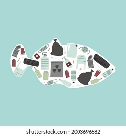 Environmental banner. Hand drawn color vector illustration with household trash and Coronavirus covid-19 waste in the fish shape. Ecology water pollution. Stop plastic. 