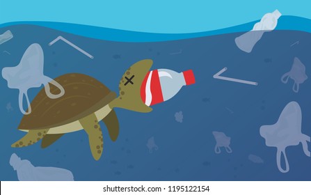 environmental banner plastic garbage decor with turtle eat plastic