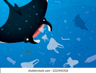 Environmental banner plastic garbage decor manta ray are eating plastic bags in the ocean full of sea garbage has an effect on marine life