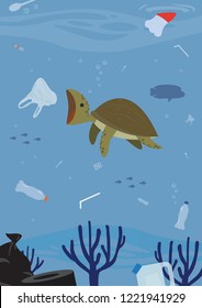 Environmental banner plastic garbage decor sea turtles are eating plastic bags in the ocean full of sea garbage has an effect on marine life