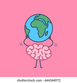 Environmental brain. Vector concept illustration of brain holding earth above his head | flat design linear infographic icon on pink background