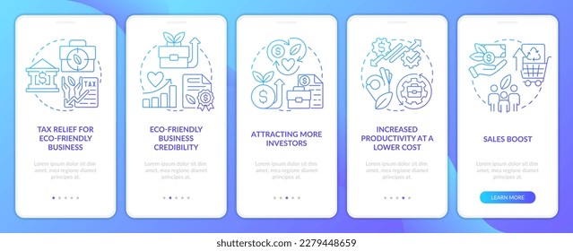 Environmental brand benefits blue gradient onboarding mobile app screen. Walkthrough 5 steps graphic instructions with linear concepts. UI, UX, GUI template. Myriad Pro-Bold, Regular fonts used