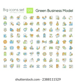 Environmental business model RGB color icons set. Eco-conscious society. Isolated vector illustrations. Simple filled line drawings collection. Editable stroke. Quicksand-Light font used