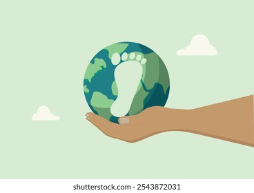 Environmental Carbon Footprint Earth in Human Hand. Hand holding Earth with white footprint imprint. environmental impact and ecological responsibility. Carbon footprint illustration. Vector