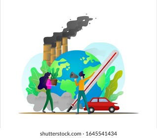 Environmental care activities from air pollution. Ecological movement, the concept of environmental activism. Activist with loudspeakers,a woman carrying tree seeds