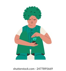 Environmental care concept. The child sits and holds the earth with a plant in his hand. Vector illustration