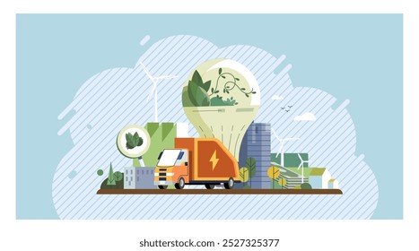 Environmental care concept. An eco-friendly city with electric truck, wind turbines, solar panel, and green energy bulb. Ideal for renewable energy, urban planning, sustainable transport