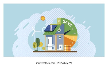 Environmental care concept. House with solar panels, wind turbine, and energy efficient appliances. Ideal for sustainable living, energy conservation, renewable energy, eco-friendly homes