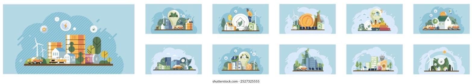 Environmental care concept. Modern cityscape surrounded by eco-friendly elements like wind turbines and solar panels. Ideal for urban planning, renewable energy, sustainability, eco-friendly living