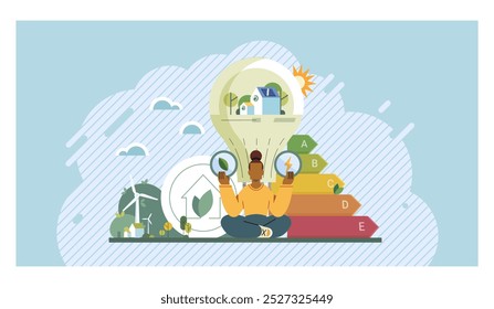 Environmental care concept. A person meditates while surrounded by eco-friendly elements like wind turbines, solar panels, an energy-efficient home, and a light bulb. Ideal for renewable energy