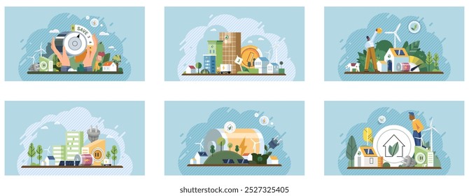 Environmental care concept. Six colorful scenes focusing on sustainable practices and eco-friendly initiatives in various settings. Ideal for ecological awareness, renewable energy, urban planning