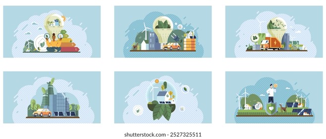 Environmental care concept. Various scenes with eco-friendly elements, renewable energy, and sustainable practices in cities and natural environments. Ideal for educational, awareness campaigns