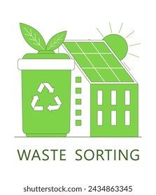 Concepto de cuidado ambiental. Problema de contaminación y reciclaje de residuos, cuidado de la naturaleza, energía verde. Utilizar energía verde limpia procedente de fuentes renovables. Ilustración vectorial.