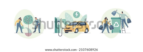 Environmental care concept. Waste pollution\
and recycling problem, nature care, green energy. Use clean green\
energy from renewable sources. Vector\
illustration.