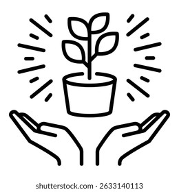 Icono conceptual del cuidado ambiental, presentando las manos que apoyan la planta