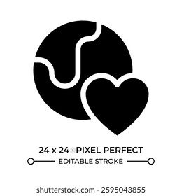 Environmental care glyph ui icon. Earth globe with heart. Love saving world. Ecology and nature protection. Black solid silhouette symbol vector. User interface element isolated, pixel perfect