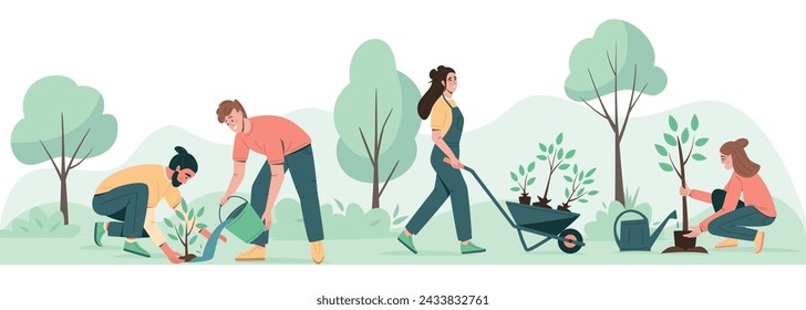 Environmental care horizontal poster. People planting trees, seedlings in city park. Environmental care and volunteerism concept. Engage for a greener future. Flat cartoon vector illustration 