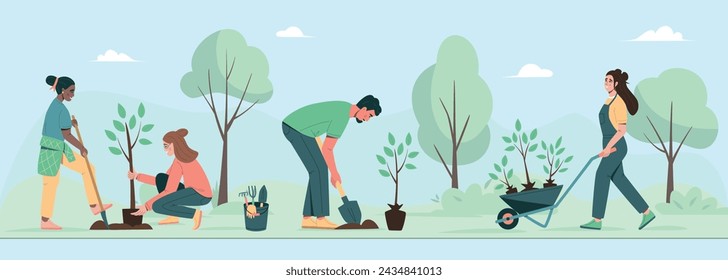 Cartel horizontal de cuidado ambiental. Gente plantando árboles, plántulas en el parque de la ciudad. Concepto de cuidado ambiental y voluntariado. Comprometerse con un futuro más verde. Ilustración vectorial de dibujos animados 