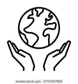 Icono de línea de cuidado ambiental, con manos que sostienen la tierra. Simboliza la protección del medio ambiente, el cuidado global, la sostenibilidad y la responsabilidad social para el planeta.