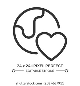 Environmental care line ui icon. Earth globe with heart. Love saving world. Ecology and nature protection. Isolated vector outline symbol. Webdesign user interface element linear, pixel perfect