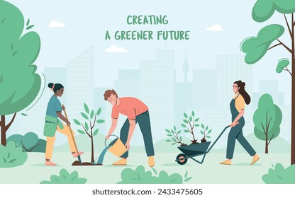 Cartel de cuidado ambiental. Gente plantando árboles, siembras en el parque de la ciudad. Concepto de cuidado ambiental y voluntariado. Comprometerse con un futuro más verde. Ilustración vectorial de dibujos animados 