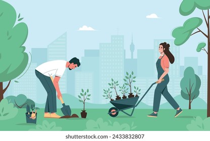 Environmental care poster. People planting trees, seedlings in city park. Environmental care and volunteerism concept. Engage for a greener future. Flat cartoon vector illustration 