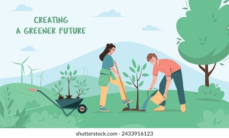 Cartel de cuidado ambiental. Gente plantando árboles, siembras en el parque de la ciudad. Concepto de cuidado ambiental y voluntariado. Comprometerse con un futuro más verde. Ilustración vectorial de dibujos animados 