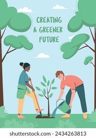 Environmental care poster. People planting trees, seedings in city park. Environmental care and volunteerism concept. Engage for a greener future. Flat cartoon vector illustration 