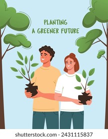 Environmental care poster. Young volunteers with plants in his hands. Environmental care and volunteerism concept. Engage for a greener future. Flat cartoon vector illustration