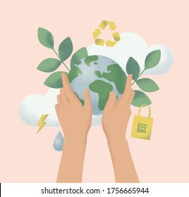 Environmental care and protection, sustainability concept. Hands hold the Earth. Recycle, energy, cloud, leaf, water, eco bag icons. Vector stock illustration.